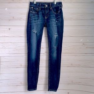 AE Dark Blue Distressed Frayed Jeggings